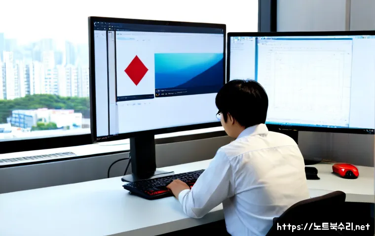 무교동 STATUS_KERNEL_PERMISSION_DENIED - Photorealistic IT support workstation in a modern Mugyo-dong office, dual monitors showing a sophist...