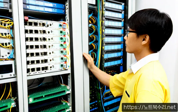 원미구 네트워크구축 설정 및 세팅오류해결 - Photorealistic IT technician configuring a compact office network rack, neatly organized Ethernet ca...
