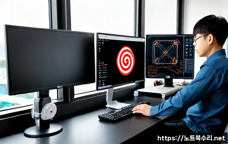 아양동 STATUS_KERNEL_ACCESS_DENIED - Photorealistic remote IT support workstation in a compact Korean office, dual monitors showing abstr...