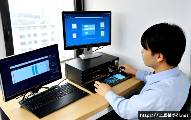 금오동 STATUS_INVALID_OBJECT - Photorealistic remote IT support workstation in a compact Geumodong apartment office, dual monitors ...
