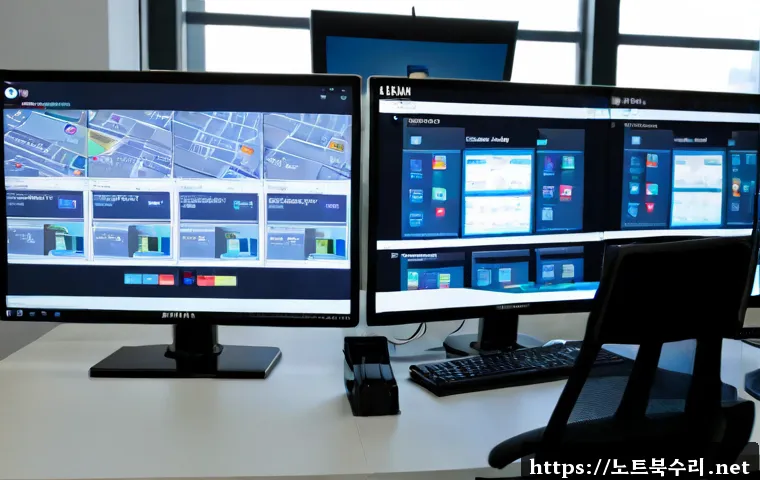 삼성동 STATUS_MODULE_CORRUPTION - Photorealistic IT support workstation in Samsung-dong, Seoul, a dual-monitor desktop showing a corru...