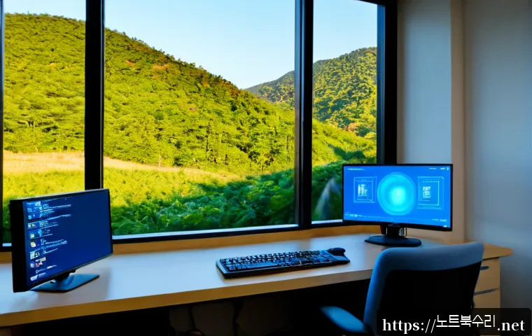 퇴촌면 KERNEL_MODE_HEAP_CORRUPTION - Photorealistic remote IT support workstation in a quiet rural Korean office, dual monitors showing a...