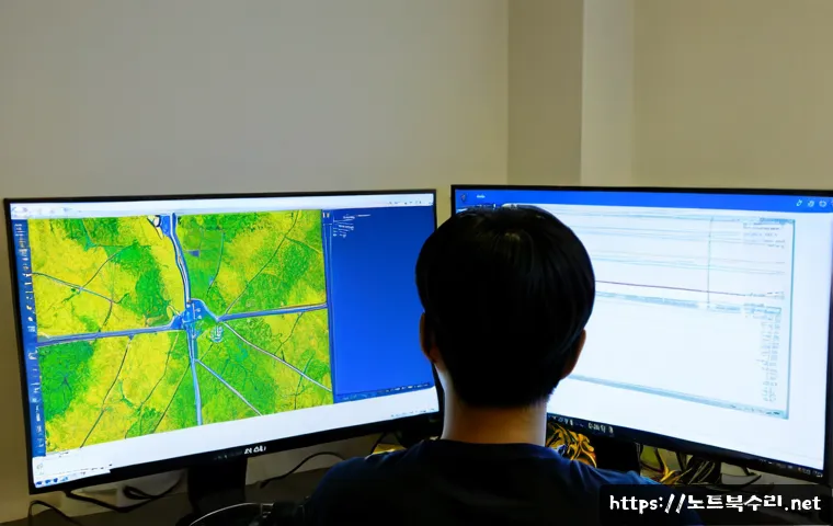 원종동 ATTEMPTED_EXECUTE_OF_NOEXECUTE_MEMORY - Photorealistic IT support workstation in a compact Wonjong-dong office, dual monitors showing abstra...