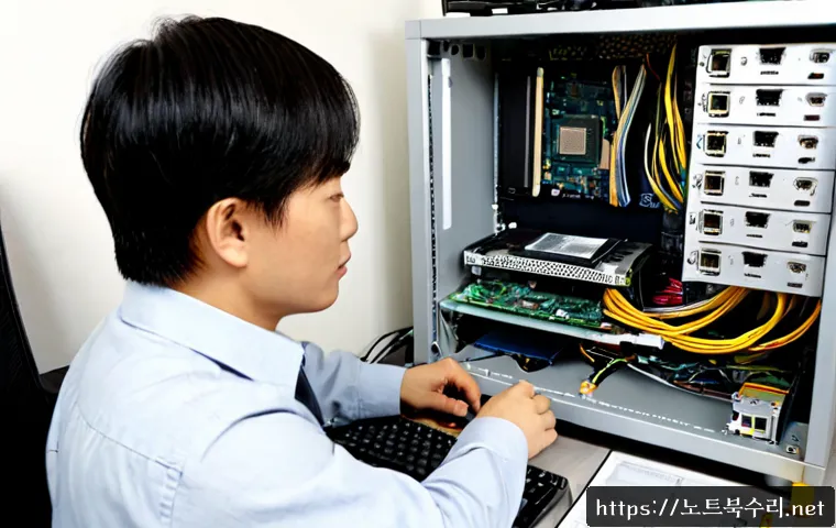 이패동 하드조립 및 교체수리 - Photorealistic computer repair workstation in a compact modern apartment office, technician carefull...