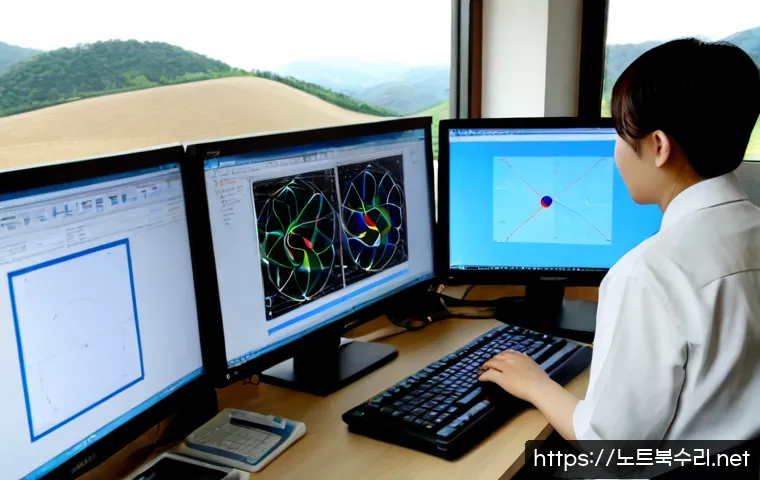 죽산면 STATUS_FLOAT_UNDERFLOW - Photorealistic software support workstation in a quiet rural Korean township office, dual monitors d...