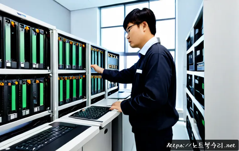 일직동 파일서버출장방문수리점 - Photorealistic onsite file server repair inside a modern Iljik-dong office suite, technician inspect...