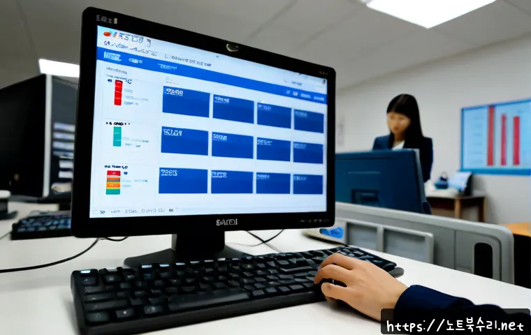 수산동 press  f4  key - Photorealistic fisheries market office in Susan-dong, a desktop workstation displaying a clean unbra...