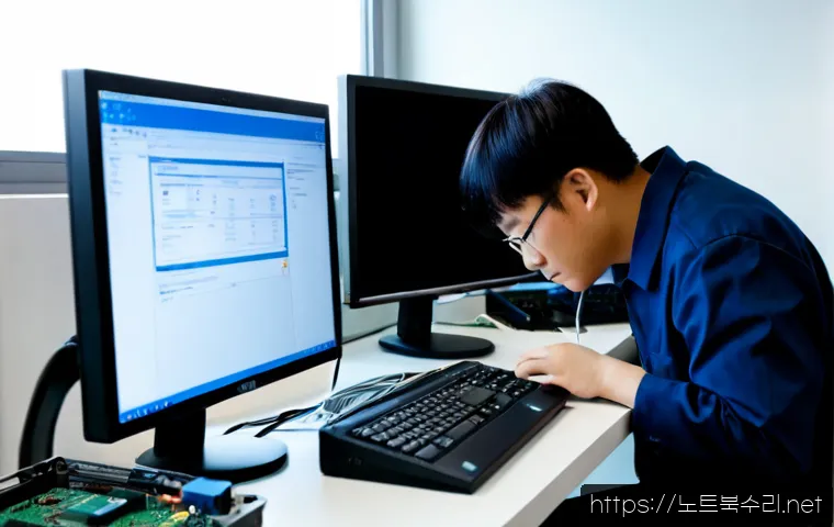 사사동 UNMOUNTABLE_BOOT_VOLUME - Photorealistic IT support workstation in a compact Sasa-dong industrial office, desktop monitor show...