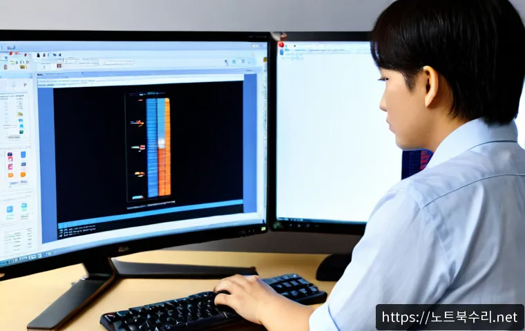 대방동 STATUS_STACK_BUFFER_OVERRUN - Photorealistic IT support workstation in a compact Dabang-dong office, dual monitors showing abstrac...
