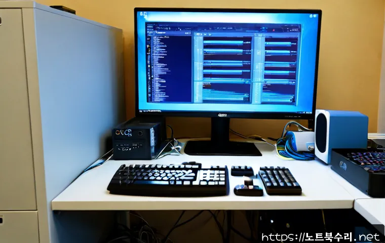 마장면 BUGCODE_USB_DRIVER - Photorealistic IT support workstation in a quiet semi-rural Korean office, desktop tower connected t...
