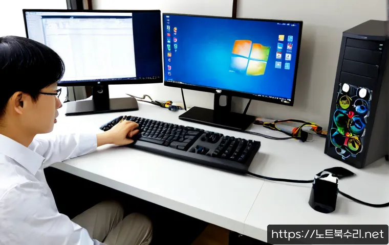 당수동 INTERNAL_POWER_ERROR - Photorealistic remote-support workstation in a compact Dangsu-dong apartment office, dual monitors s...