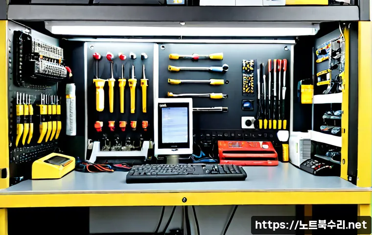 하갈동 맥미니 판매 및 수리 - Photorealistic electronics repair bench in a compact Hagal-dong computer service shop, a small silve...