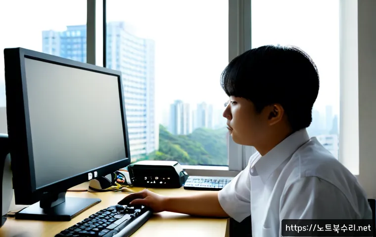 신갈동 STATUS_PAGE_FAULT - Photorealistic IT technician at a compact workstation in Singal-dong, studying a desktop monitor wit...