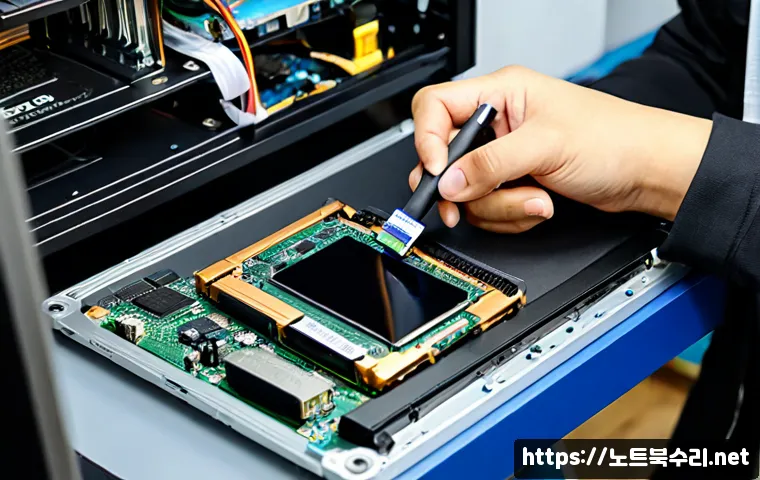 검산동 SSD조립 및 교체수리 - Photorealistic PC repair workstation in a compact Geumsan-dong neighborhood computer shop, technicia...