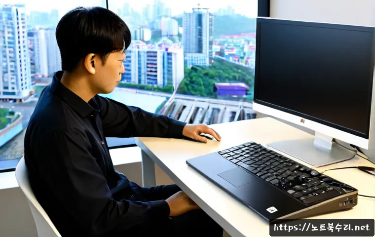 미사동 부트캠프설치 - Photorealistic remote-support technician configuring a dual-boot workstation on a sleek laptop besid...