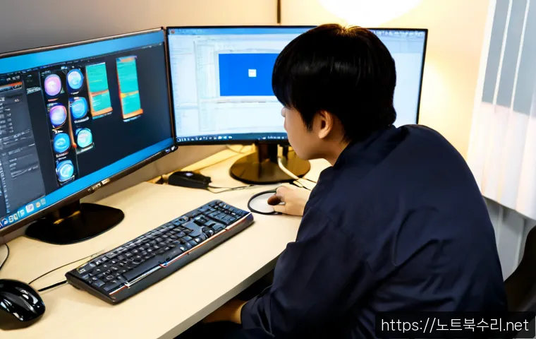 충정로 FAT32_FILE_SYSTEM - Photorealistic IT support workstation in a compact Chungjeong-ro office, dual monitors showing a cle...