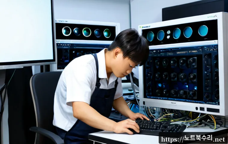 일산동 HDD조립 및 교체수리 - Photorealistic computer repair workstation in Ilsandong, technician carefully installing a new