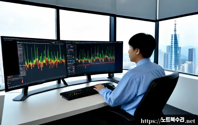목동 STATUS_INVALID_THREAD - Photorealistic IT support workstation in a modern Mokdong office tower, dual monitors showing an abs...