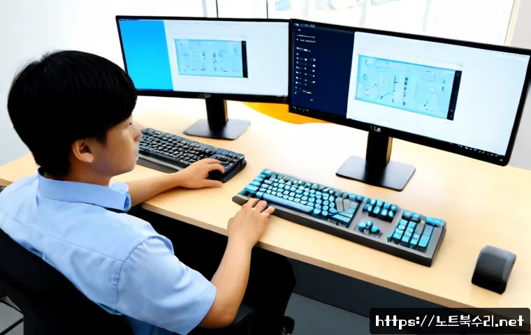 가양동 STATUS_KERNEL_PERMISSION_DENIED - Photorealistic IT support workstation in a modern office near a quiet riverside district, dual monit...