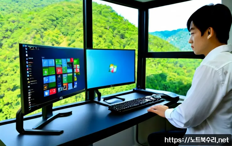 호평동 STATUS_KERNEL_PERMISSION_DENIED - Photorealistic IT support workstation in a modern apartment office near a wooded hillside district, ...