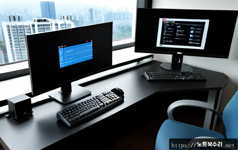 율현동 STATUS_RESOURCE_NOT_OWNED - Photorealistic remote IT support workstation in a modern Yulhyeon-dong apartment office, dual monito...