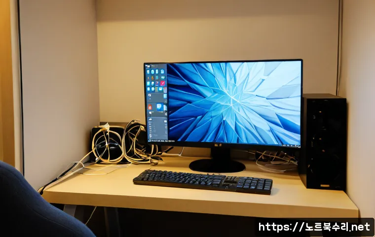 화정동 SOFTWARE_EXCEPTION - Photorealistic Korean apartment workstation in Hwajeong-dong, a desktop monitor showing an abstract ...