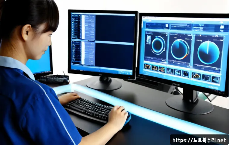 세마동 SYSTEM_SERVICE_EXCEPTION - Photorealistic remote-support workstation in a compact Sema-dong office, dual monitors showing a cle...