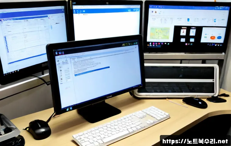 고척동 PROCESS_HAS_LOCKED_PAGES - Photorealistic IT support workstation in a compact Gocheok-dong office, dual monitors showing a gene...