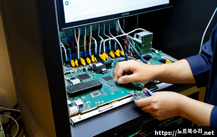 군포동 메인보드조립 및 교체수리 - Photorealistic electronics repair workstation in Gunpo-dong, technician carefully installing a new m...