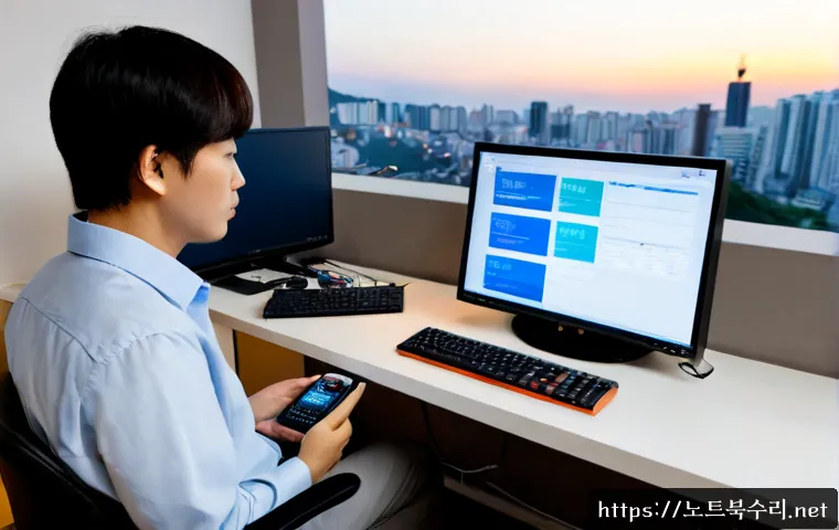 조남동 STATUS_RESOURCE_NOT_OWNED - Photorealistic remote IT support workstation in a modern Jonam-dong apartment office, dual monitors ...