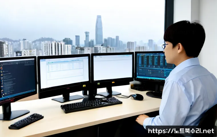 장현동 STATUS_PAGE_FAULT - Photorealistic remote-support workstation in a modern Janghyeon-dong apartment office, dual monitors...