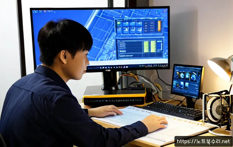 대야동 팬돌다 멈춤 - Photorealistic remote-support workstation in Daeya-dong, a desktop fan abruptly stopped beside a dua...