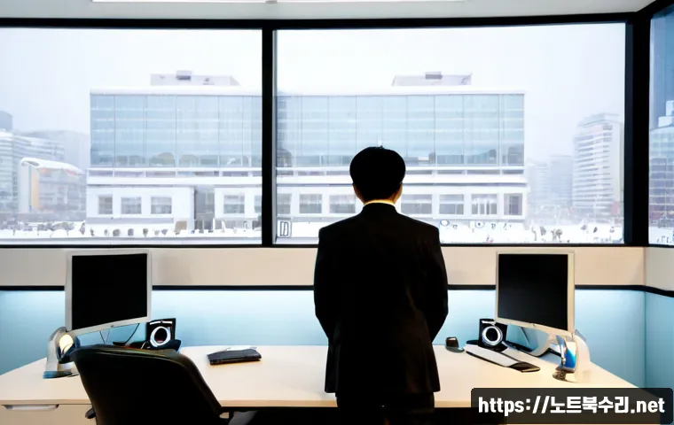 소공동 컴퓨터멈춤 - Photorealistic corporate design workstation in a compact downtown Seoul office, frustrated designer ...