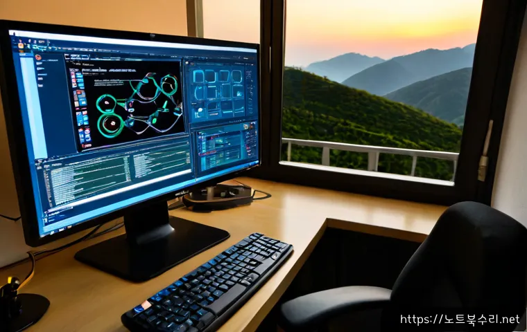 염리동 악성코드 바이러스 - Photorealistic IT support workstation in a compact Yeomni-dong apartment office, dual monitors showi...