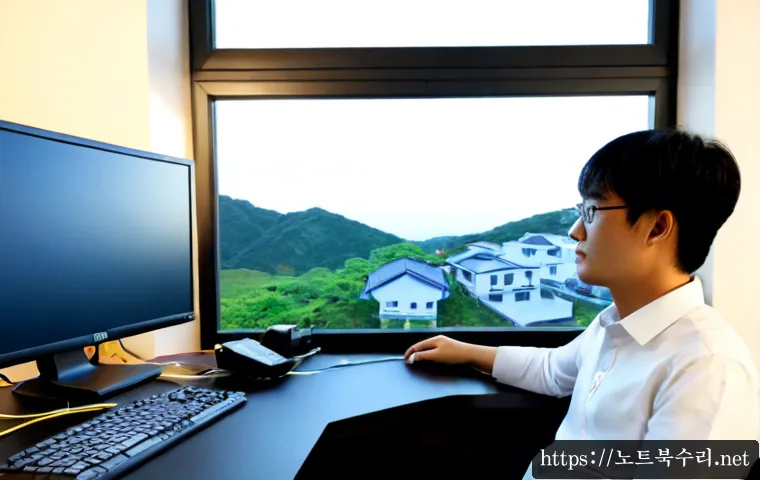 안녕동 STATUS_DISK_CORRUPTION - Photorealistic remote-support workstation in a quiet Korean suburban office, dual monitors showing a...