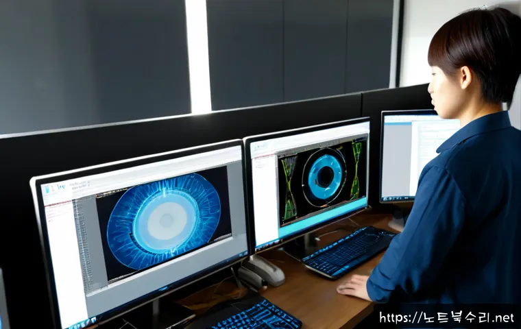 일동 STATUS_INVALID_THREAD - Photorealistic modern software support workstation in a quiet Ildong office, dual monitors showing a...