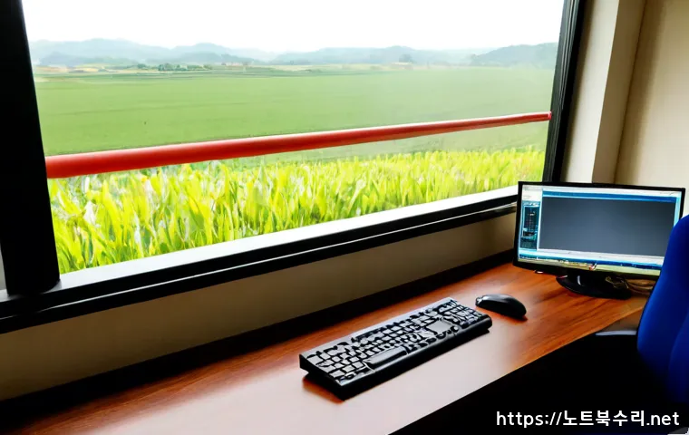 하점면 STATUS_DISK_FULL - Photorealistic rural office workstation in Hajeom-myeon, a stressed IT technician facing a desktop m...