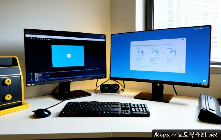 문원동 STATUS_FILE_LOCK_CONFLICT - Photorealistic remote-support workstation in a quiet Munwon-dong apartment office, dual monitors sho...