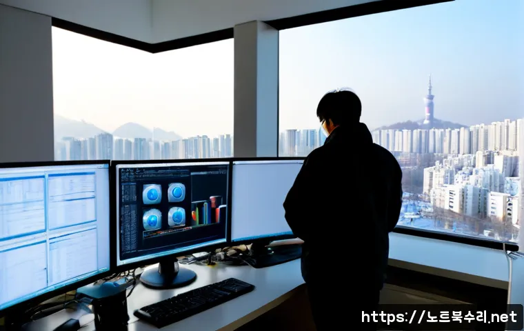 양주동 WIN32K_LOCK_HELD_TOO_LONG - Photorealistic IT support workstation in a modern Yangju-dong office, dual monitors showing a frozen...