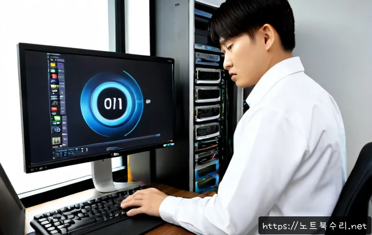 학온동 STATUS_DISK_READ_FAILURE - Photorealistic IT support workstation in a compact Hangang-dong office, technician inspecting an ope...