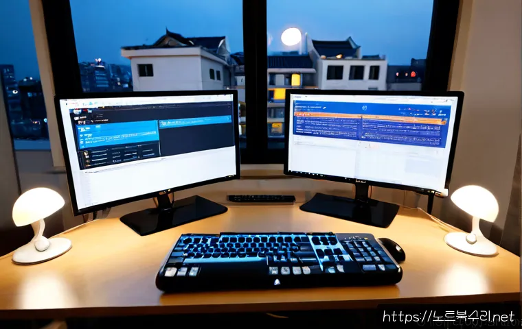 신공덕동 STATUS_SESSION_TIMEOUT - Photorealistic remote-support workstation in a compact modern office near Gongdeok, dual monitors sh...