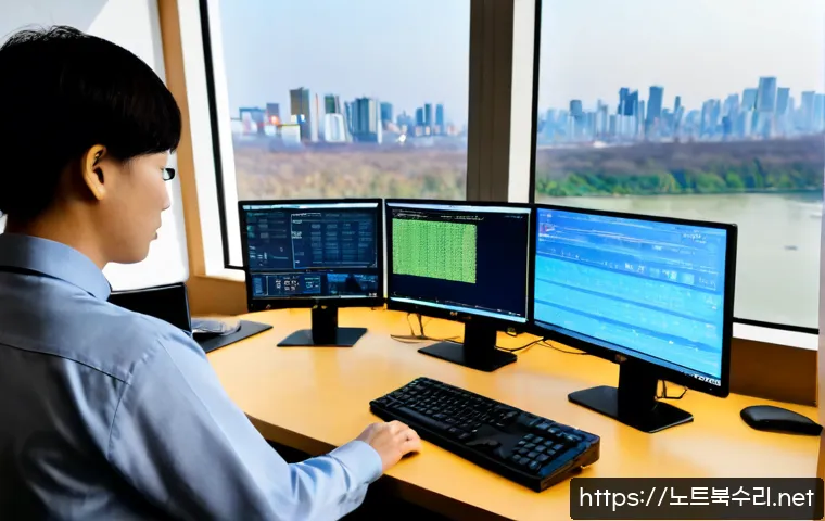 이촌동 STATUS_KERNEL_MODULE_CORRUPTION - Photorealistic IT support workstation in a refined Ichon-dong apartment office, dual monitors showin...