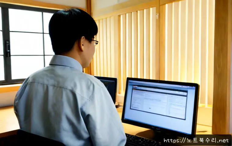 안국동 STATUS_PROTECTION_ERROR - Photorealistic desktop support workstation inside a quiet Anguk-dong traditional-modern office, dual...