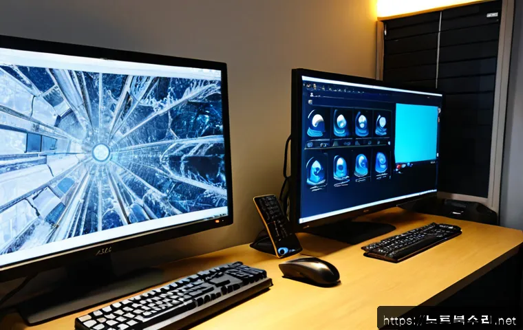 와룡동 Press Ctrl Alt Del to restart - Photorealistic remote-support workstation in a compact Waryong-dong office, dual monitors showing a ...
