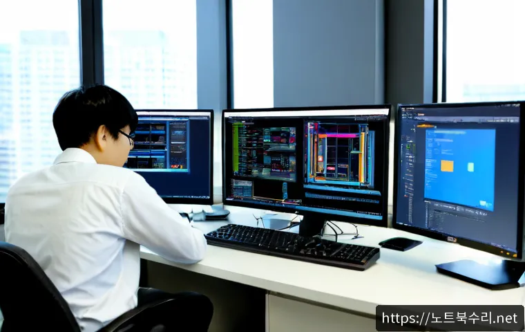 남수동 IRQL_NOT_LESS_OR_EQUAL - Photorealistic IT support workstation in a compact Namsu-dong office, dual monitors showing a clean ...