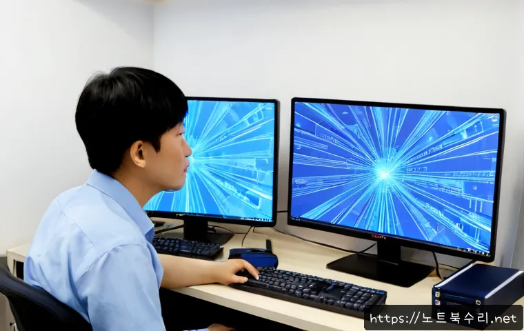강매동 KMODE_EXCEPTION_NOT_HANDLED - Photorealistic IT support workstation in a compact Gwangmae-dong apartment office, dual monitors sho...