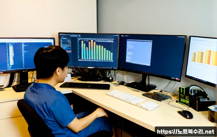 금곡동 STATUS_KERNEL_ACCESS_DENIED - Photorealistic IT support workstation in a compact Geumgok-dong apartment office, dual monitors show...