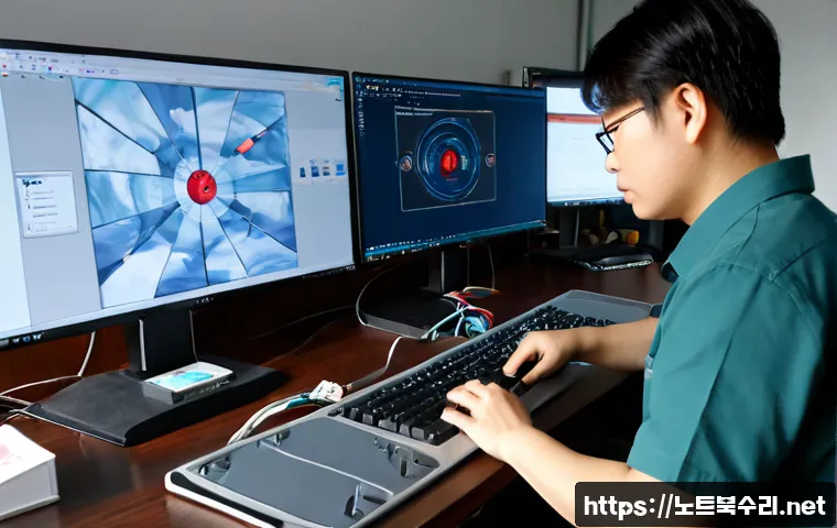 정남면 WATCHDOG_VIOLATION - Photorealistic remote-support workstation in a small industrial office near Jeongnam-myeon, dual mon...