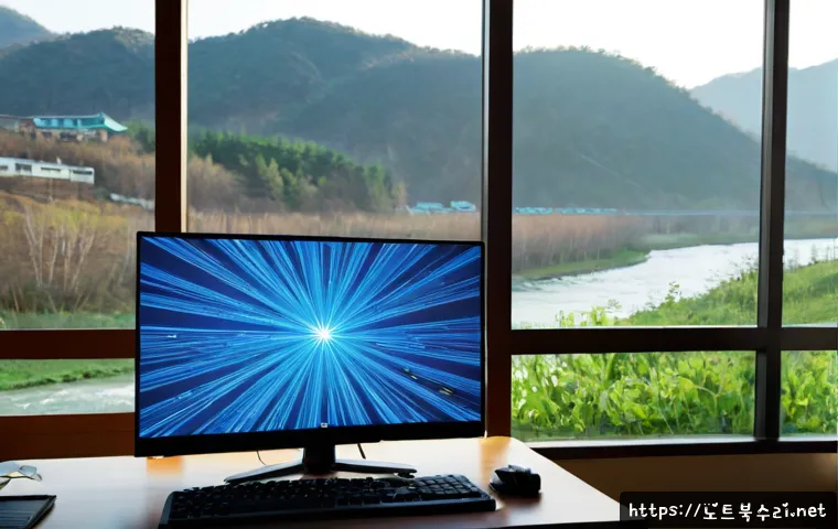 서종면 STATUS_KERNEL_DRIVER_CORRUPTION - Photorealistic riverside home office in a quiet rural Korean township, desktop workstation showing a...