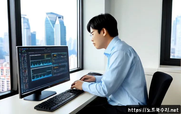 삼송동 STATUS_KERNEL_MODULE_CORRUPTION - Photorealistic IT support workstation in a modern Samsong-dong apartment office, technician reviewin...